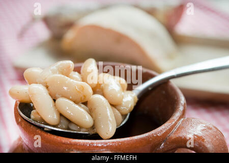 einen Löffel weiße Bohnen in einem Terrakotta-Topf Stockfoto