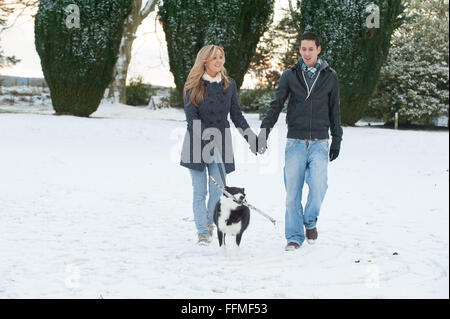 Paare, die Border-Collie-Schäferhund mit Stock im Mund im Schnee auf der Trommel Burg in Aberdeenshire, Schottland. Stockfoto