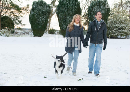 Paare, die Border-Collie-Schäferhund mit Stock im Mund im Schnee auf der Trommel Burg in Aberdeenshire, Schottland. Stockfoto