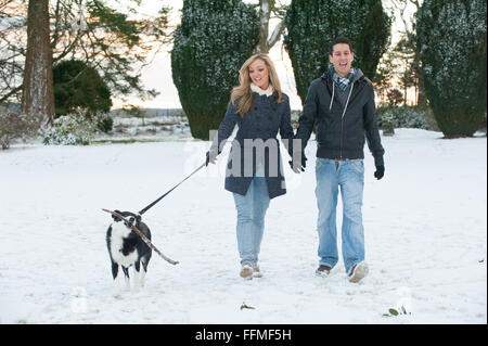 Paare, die Border-Collie-Schäferhund mit Stock im Mund im Schnee auf der Trommel Burg in Aberdeenshire, Schottland. Stockfoto