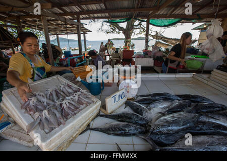 Phuket, Rawai Beach, Thailand. 14. Februar 2016. Seezigeuner verkaufen Fische auf dem Markt eine Weile nach dem Angriff als ihre kämpfenden Räumung von einem Gutsbesitzer, der sie Übergriffe beschuldigt. Tätlichen Angriffs brach am Morgen des 27. Januar 2016 am Rawai Beach in Chao Lay Indianerdorf (Seezigeuner), mindestens 100 Männer wurden durch ein video-Aufnahmen gesehen, schlagen mit Holzstöcken, Stanzen und treten die Seezigeuner über eine 33 Rai (ca. 5 ha) erstrecken sich von Land, zumindest mehr als 30 Seezigeuner verletzt und einige Angeln Ausrüstungen wurden zerstört sowie Häuser. Das Land ist ow Stockfoto