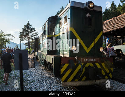 FAUR Diesellok L45H 096 von 1987 an der Station Golubici des Sargan acht Schmalspur-Museumsbahn in Serbien Stockfoto