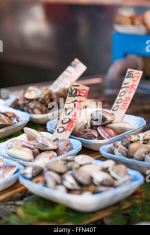 Rohe Meeresfrüchte Verkauf auf Markt in Japan Stockfoto