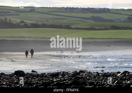 Wanderer und Menschen, die Angeln am Llanrhystud Strand bei Ebbe. Stockfoto