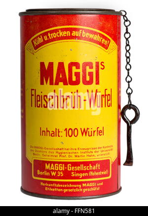 Lebensmittel, Maggi, Maggis Fleischbrueh-Wuerfel, Dose mit original mitgeliefertem Dosenöffner, Maggi Firma, Berlin, Deutschland, um 1925, zusätzliche-Rechte-Clearenzen-nicht vorhanden Stockfoto