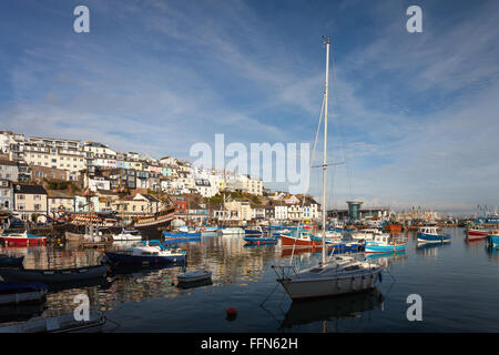 Boote vertäut im Hafen von Brixham in Devon, England. Stockfoto