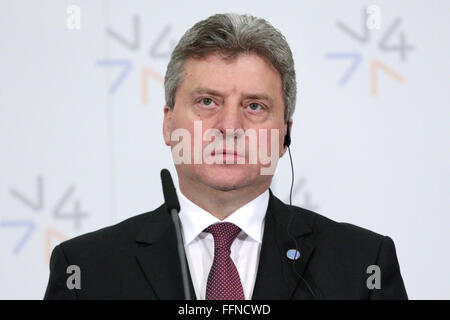 Prag, Tschechien - 15. Februar 2016: The Prime Minister von der Republik von Mazedonien Gjorge Ivanov spricht während einer Stockfoto