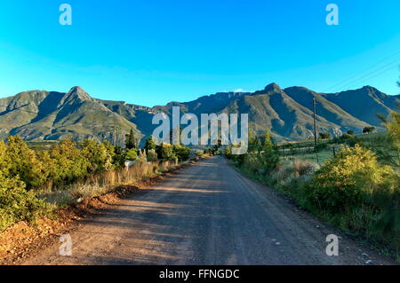 Straße in Swellendam Gegend am frühen Morgen, Langeberg Mountain, Western Cape-Südafrika Stockfoto