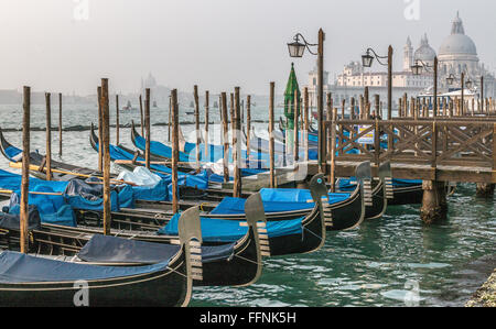 Canal Grande Venedig, Kirche Santa Maria della Salute und festgemachten Gondeln Stockfoto