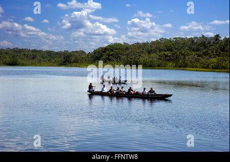 Boote mit Besuchern auf dem Amazonasfluss in Ecuador, Südamerika Stockfoto