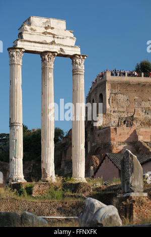 Der Tempel des Castor und Pollux auf dem Forum Romanum und dem Palatin-Hügel im Hintergrund (Forum Romanum, Foro Romano) Stockfoto