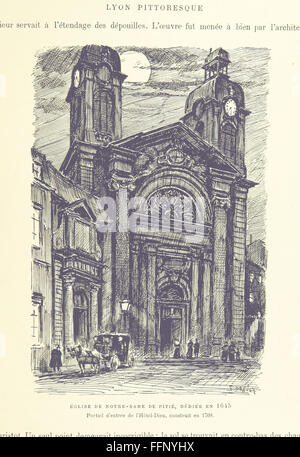 „Lyon Pittoresque“ ist ein wunderschön illustriertes Buch über die historischen und kulturellen Aspekte von Lyon, Frankreich. Das Werk enthält detaillierte Stiche von J. Drevet, die die Architektur der Stadt, die Wahrzeichen und ihre Rolle in der französischen Geschichte festhalten. Das Vorwort von M. Coste-Labaume stellt den Kontext der Bedeutung Lyons dar. Stockfoto