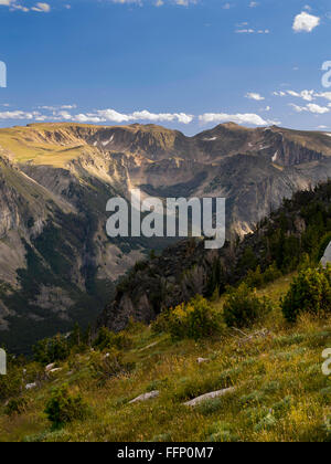 Blick nach Süden über den Rock Creek Tal Richtung Beartooth Pass von oberhalb der Baumgrenze, Absaroka-Beartooth Wildnis, Custer Nat Stockfoto