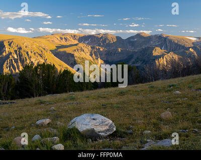 Blick nach Süden über den Rock Creek Tal Richtung Beartooth Pass von oberhalb der Baumgrenze, Absaroka-Beartooth Wildnis, Custer Nat Stockfoto