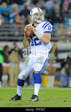 Jacksonville, FL, USA. 8. November 2012. Indianapolis Colts quarterback Andrew Luck (12) während die Colts 27-10 über die Jacksonville Jaguars im EverBank Field am 8. November 2012 in Jacksonville, Florida zu gewinnen. ZUMA Press/Scott A. Miller. © Scott A. Miller/ZUMA Draht/Alamy Live-Nachrichten Stockfoto