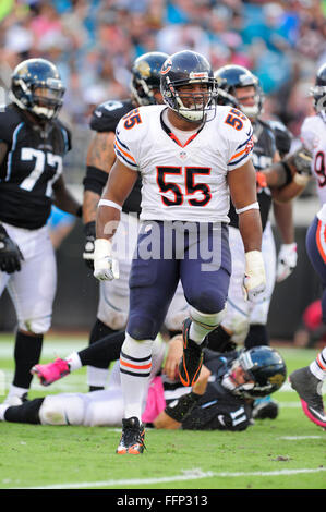 7. Oktober 2012 - Jacksonville, FL, USA - Chicago Bears außerhalb Linebacker Lance Briggs (55) während die Bären 41-3 Sieg gegen die Jacksonville Jaguars im EverBank Field am 7. Oktober 2012 in Jacksonville, Florida. .. ZUMA Press/Scott A. Miller. (Kredit-Bild: © Scott A. Miller über ZUMA Draht) Stockfoto
