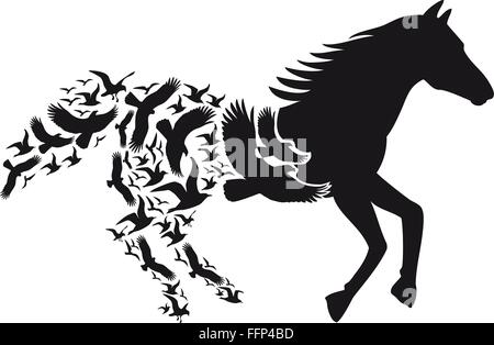 Schwarzes Pferd Silhouette mit fliegende Vögel, Vektor-illustration Stock Vektor