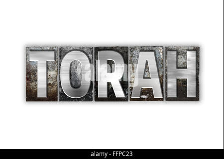 Das Wort "Torah" geschrieben in Vintage Metall Buchdruck Typ isoliert auf weißem Hintergrund. Stockfoto