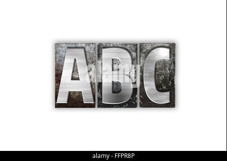 Das Wort 'ABC' geschrieben in Vintage Metall Buchdruck Typ isoliert auf weißem Hintergrund. Stockfoto