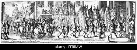 FRANKREICH: KRIEG DREIßIG JAHRE. /nAfter der französischen Sieg über die spanische Armee in der Schlacht von Rocroi, Mai 1643, Schweizer Garde tragen feindliche Banner durch die Straßen von Paris, Kathedrale Notre-Dame. Line-Kupferstich von Charles Cochin der ältere (1688-1754).