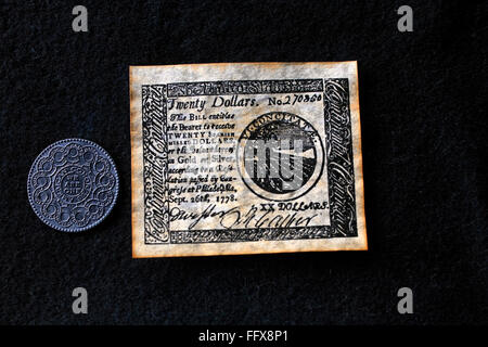 Alte amerikanische runde Münze, wir sind eine, zwanzig Dollar Währung, Papiergeld, 26.. September 1778 Stockfoto