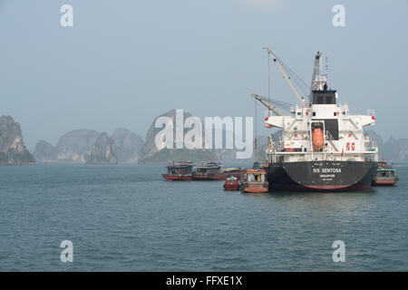 Ein Versorgungsschiff aus Singapur be- und Entladen von Fracht von Gemeinden auf Halong Bucht, Vietnam Stockfoto