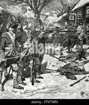 Amerikanischer Unabhängigkeitskrieg (1775-1783). Das Massaker von Boston oder Boston Riot (1770). Britischen Rotröcke tötete fünf zivile Männer. Gravur. Stockfoto