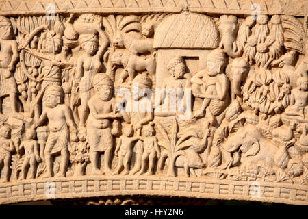 Nahaufnahme von Norden Gateway 1 innere anzuzeigen, Stupa Sanchi in der Nähe von Bhopal, Madhya Pradesh, Indien Stockfoto