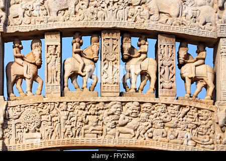 Nahaufnahme von Norden Gateway 1 innere anzuzeigen, Stupa Sanchi in der Nähe von Bhopal, Madhya Pradesh, Indien Stockfoto