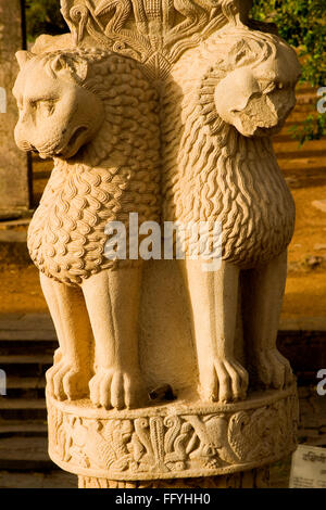 Süd-Gateway Ashokan Pfeiler vier Löwen sitzen Rücken an Rücken Stupa 1 buddhistische Kunst bei Sanchi in Madhya Pradesh, Indien Stockfoto