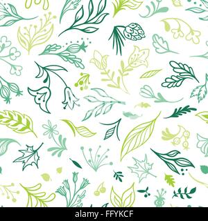 Nahtlose handbemalte Doodle Textur mit grünen Blüten und Blätter, die isoliert auf weißem Hintergrund Stock Vektor