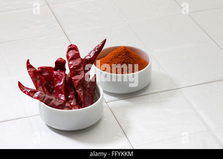 trockene rote Chilis und Chili-Pulver in Schüssel Stockfoto