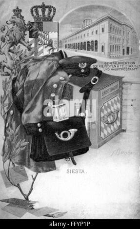 Post / Post, Postboten, 'Siesta', Uniform und Tasche am Briefkasten, farbige Bildpostkarte des Verbands der bayerischen Post- und Telegrafenmitarbeiter, Gestaltung: F.Bernhard, Druck: Ottmar Zieher, um 1900, Zusatz-Rechteklärung-nicht vorhanden Stockfoto