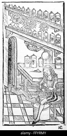 Medizin, Apotheke, Apotheke, Apothekenmischmedizin, Holzschnitt, Detail, aus: Hieronymus Brunschwig (um 1450 - um 1512), 'das Buch der Cirurgia', Druck: Johann Grüninger, Straßburg, 1497, Additional-Rights-Clearences-not available Stockfoto