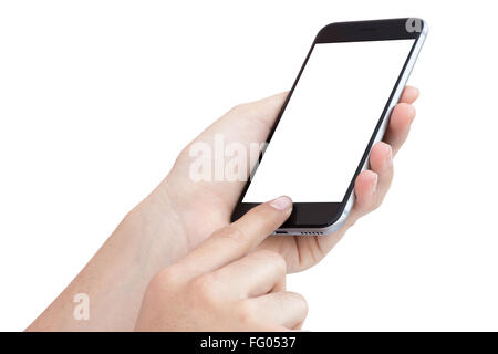 weibliche Hand mit Telefon isoliert auf weißem Hintergrund Stockfoto