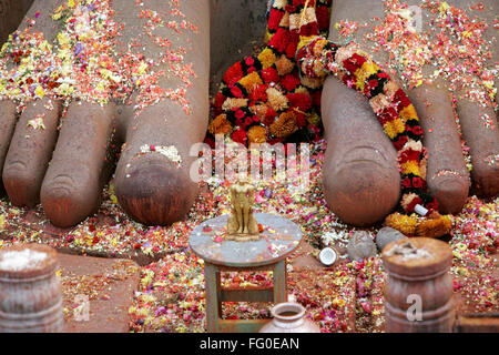 Blumengirlanden Füße Statue Bhagwan Saint Gomateshwara Bahubali Mahamasthakabhisheka Jain Festivals Shravanabelagola Karnataka Stockfoto