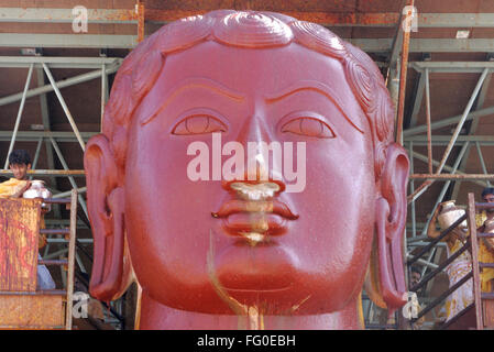 Zinnoberrot Wasser gießen Statue Sankt Gomateshwara Bahubali Mahamasthakabhisheka Jain Festivals Shravanabelagola Karnataka Stockfoto