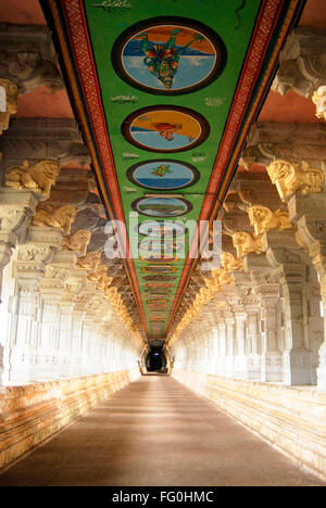 Reich verzierte prächtige Flur mit schönen Säulen, die bunt bemalte Decke Ramanathswami Tempel Tamil Nadu Stockfoto