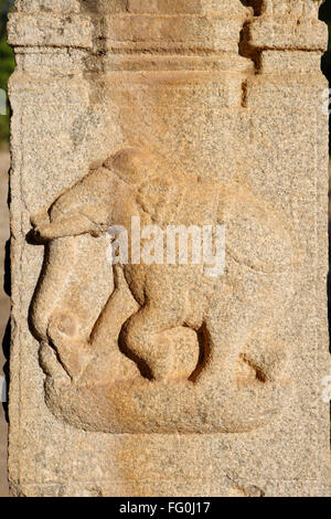 Elefanten-Statue geschnitzt Prasanna Virupaksha unterirdisch Shiva Tempel Hampi Vijayanagar Dekkan Hospet Bellary Karnataka Stockfoto