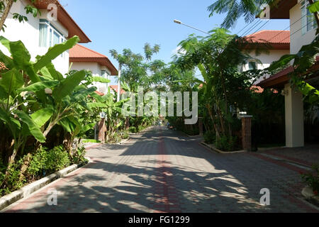 Eine Wohnstraße in der Nähe der Samakee Straße in Pakkret, nördlichen Bangkok Vororte mit Bananen und anderen plantsblue Stockfoto