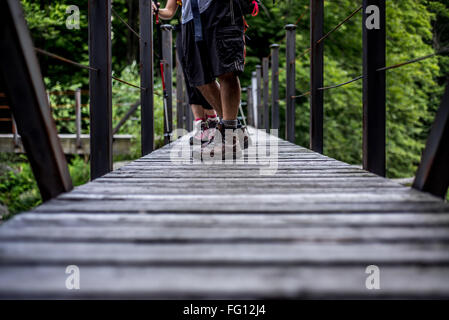 Eine hölzerne Brücke im Val Grande National Wilderness Area, Italienische Alpen Stockfoto