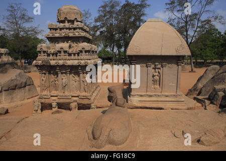 Pancha Rathas Vordergrund Nandi-Statue Draupadi-Ratha Arjuna-Ratha geschnitzt Monolith Felsen Tempel Chengalpattu Tamil Nadu Stockfoto