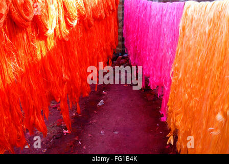 Seidenfaden nach Farbstoff für die Herstellung von seidig Girlanden, Jodhpur, Rajasthan, Indien Stockfoto