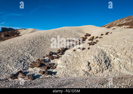 Basalt Felsen über weiße vulkanischen Tuffen, Cerro Castellan aka Castolon Peakfläche, Big Bend National Park, Texas, USA Stockfoto