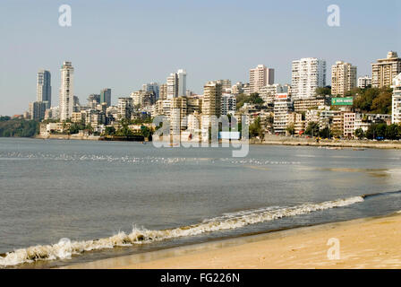 Ansicht von Gebäuden und Arabische Meer mit Möwen auf Wasser, Bombay Mumbai, Maharashtra, Indien Stockfoto