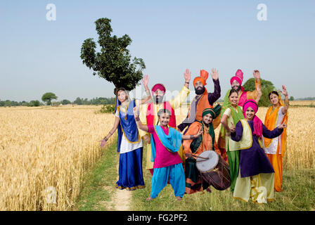 Sikh-Familie mit Tänzerinnen Volkstanz Bhangra in Weizen Feld Herrn #702 X; 702Y; 779A; 702Z; 779C; 779B; 779D; 779E 779F Stockfoto