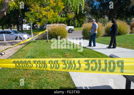 Polizei Vorsicht Klebeband am Tatort eines Verbrechens in Boise, Idaho, USA.
