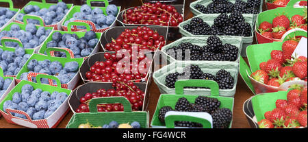 Körbe mit frischen Beeren am Obstmarkt mit natürlichen Reife bunte nahrhafte Brombeeren Erdbeeren und Heidelbeeren Stockfoto