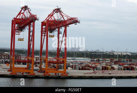 Krane, die Transport von einzelnen Behältnisse in den Versand dock in Sydney Hafen, Australien. Stockfoto