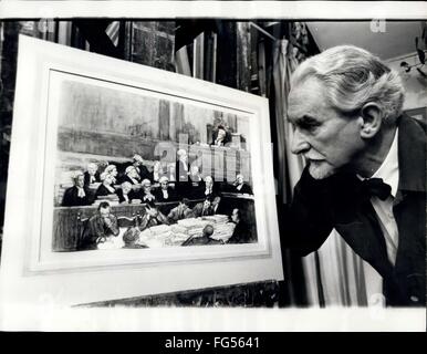 1980 - von der Jury Viewbox - von der Mann, die besuchte The Old Bailey die längste Studie: der längste Fall schon einmal im Old Bailey - die Umsatzsteuer Studie endete gestern nach 81 Tagen - ist für die Nachwelt festzuhalten. Für eines der Mitglieder der Jury war ein professioneller Künstler. Niemand darf im Gericht 9 aber alle Nächte für vier und einen halben Monat Londoner Künstler Charles McCall ging nach Hause und zog Skizzen aus seinen Erinnerungen an den Tag zu skizzieren. Her hat diese Skizzen Mr McCall Arbeit begonnen, auf eine Reihe von Ölgemälden von der Studie wo fünf Männer verurteilt wurden der Verschwörung, de Stockfoto